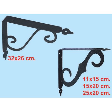 Mensola in ferro lavorato verniciato Nero stile Brackets - 25x20 cm. Conf. 2 Pz (1/2)