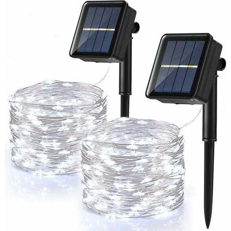 [Lot de 2] Guirlande Lumineuse Solaire Extérieure, 120 LED Guirlande Lumineuse Solaire Étanche 12M 8 Modes Guirlande Lumineuse en Fil de Cuivre pour Jardin Patio Mariage Fête de Noël, Blanc Froid (1/4)