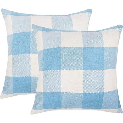 Housse De Coussin - 45 x 45 cm - Motif Buffalo Check - Fermeture Éclair Invisible - Coton Polyester - Bleu Ciel Et Blanc - Lot De 2 (1/4)