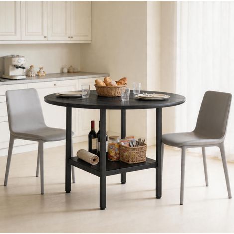 Mesa de comedor redonda moderna de 100 cm en MDF y metal negro con estante (1/5)