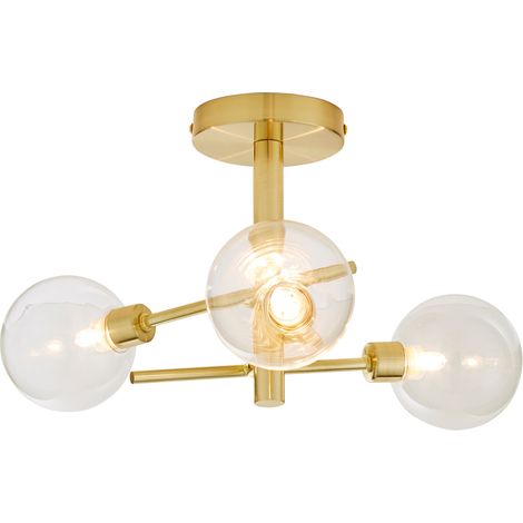 Litecraft Supa Ceiling Light Semi Flush 3 Arm With White Glass Shades - Brass (1/5)