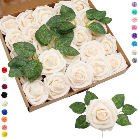 25 pièces Fleurs Artificielles Roses Artificielles Champagne,Mousse Faux Roses avec Tiges Décoration Florale pour Anniversaire Mariage Gâteau Fête Jardin Artisanat Douche Nuptiale Saint Valentin (1/5)