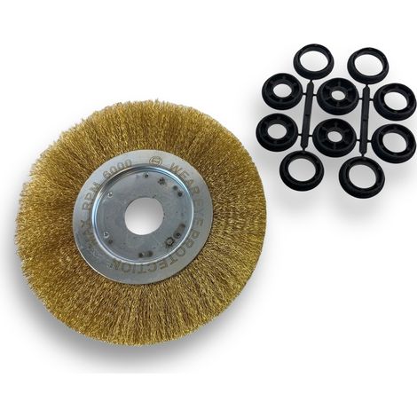 Brosse circulaire LAITON  Ø 200 mm  Epaisseur 1 rang  Fil souple 0.20 mm ondulé  Alésage 32 mm + réducteur bague 25/22/20/16/12 mm  Touret meuleuse affûteuse ponceuse  Kibros 218201LV