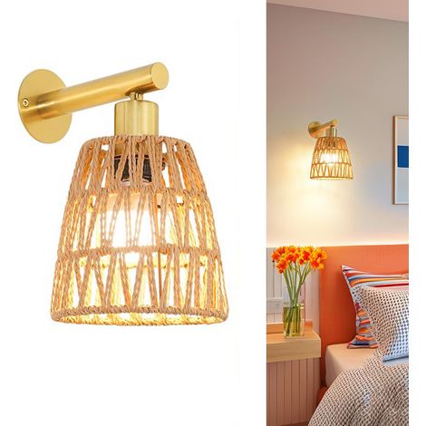 Applique murale sans fil en rotin tressé, style rustique, idéale pour les chambres et les salons, couleur or, ampoule non incluse, culot E27 (1/4)