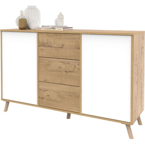 Aparador Salón Oslo, Mueble Almacenaje Comedor, Auxiliar 3 Cajones 2 Puertas Roble Gold y Blanco Mate 140x89x40 cm