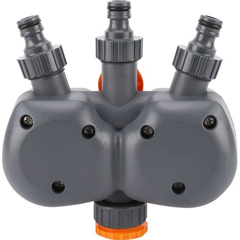 Temporizador de riego mecánico G3/4 con dos salidas y regulador de caudal – Temporizador de riego para jardín sin pilas, ABS+PPE, 120 minutos, 3 válvulas (1/5)