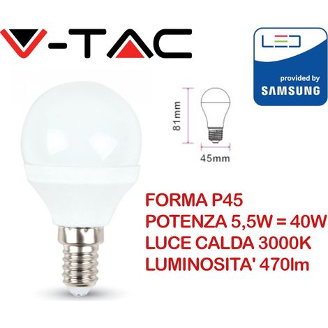 V-TAC PRO VT-236 LAMPADINA LED E14 5,5W MINIGLOBO P45 CHIP SAMSUNG - SKU 168 / 169 / 170 - Colore Luce: Bianco Caldo