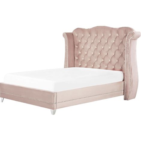 Letto in velluto rosa 160 x 200 cm testiera alta decorata Ayette