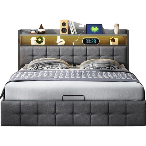 Cama con espacio de almacenamiento, diseño moderno, tira de luz LED integrada, GRIS OSCURO, 160×200cm (1/2)