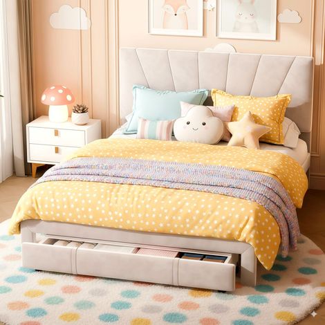 Einzelbett 140x200 cm – Kinderbett – mit Schublade – gepolstertes Kopfteil aus Samt – skandinavischer Stil – Lattenrost – Metallgestell – Erwachsenenbett – Farbe: Beige