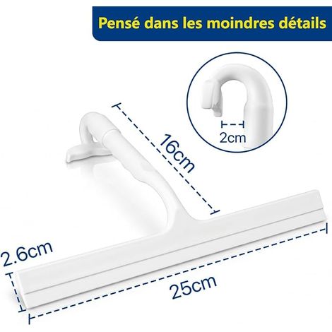 Raclette Douche Monobloc en Silicone sans Traces 25cm avec Crochet Blanc Nettoyage Manche Incurvé Pour Portes de Douche, Vitres, Miroirs, Fenêtres, Carrelages (1/4)