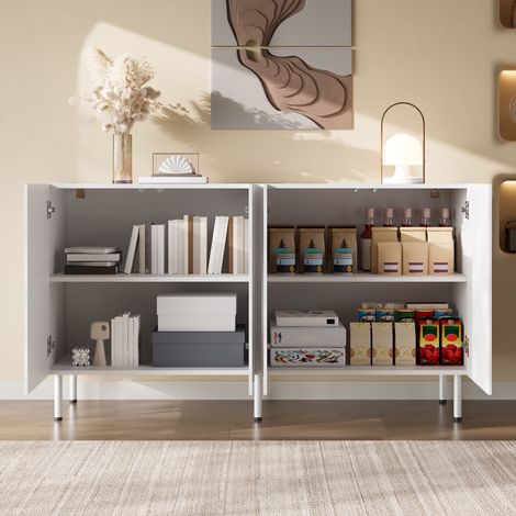 Buffet de salon, 140x40x77.5 cm, meuble bas de rangement enfilade pour entrée, en MDF et PB avec 4 portes galbées 3D et pieds en métal, Blanc (1/5)