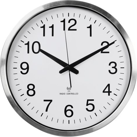 Perel Analoge Wanduhr 50 cm mit DCF-Zeitsynchronisation, extra großes gut lesbares Zifferblatt, silberner Aluminiumrahmen, Wohnzimmer Küche Büro Wartezimmer