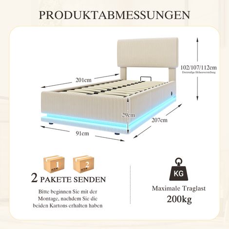 Lits modernes capitonnés 90x200 cm avec éclairage LED, port USB-C, tête de lit réglable, velours côtelé, rangement, sommier lattes, beige (1/4)