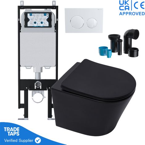 Black Wall Hung Toilet Pan Rimless with VIVA Slim Concealed Cistern Frame 1.14-1.35m & Gloss White Flush Plate (1/5)
