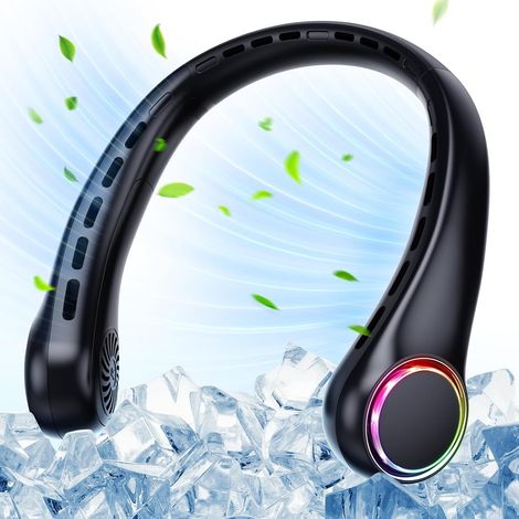 Ventilateur de cou - 4000 mAh - USB - Silencieux - 3 vitesses - Lumière LED - Portable - Pour le camping, les voyages, le sport - Noir