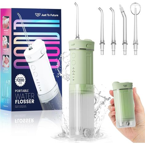Irrigador bucal mini JTF – Limpiador dental eléctrico portátil – Inalámbrico – Limpiador interdental de viaje con 5 accesorios – Irrigador bucal con 4 ajustes – Depósito de agua retráctil de 230 ml –  (1/5)