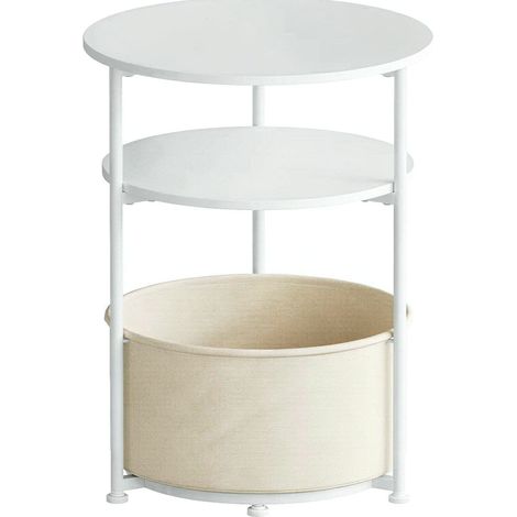 Mesa Auxiliar Redonda Moderna Blanca con Cesto de Tela y Estructura de Metal (1/5)