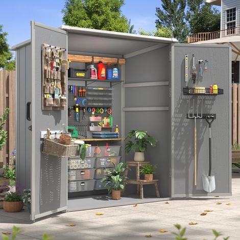 Aoxun 5x3 FT Outdoor Storage Shed, Plastic Garden Resin Shed with Floor for Patio, Lawn, Outdoor Storage Cabinet with Lockable Door for Bike, Garbage Can, Tools, Grey (1/5)