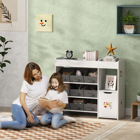 Meuble rangement enfant étagère de rangement pour jouets enfants avec 9 tiroirs en tissu et placard. blanc