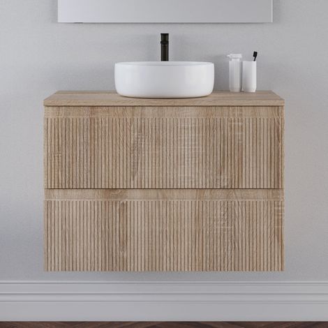 Meuble de salle de bain 80cm avec plateau et vasque à poser ronde - sans miroir - 2 tiroirs - cambrian (chêne clair) - RIBERA (1/5)