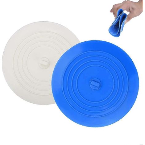 Lot de 2 bouchons de baignoire, bouchons d'évier en silicone, couvercle plat à ventouse, compatibles avec la cuisine, la salle de bain et la buanderie, 15 cm (blanc et bleu) (1/5)