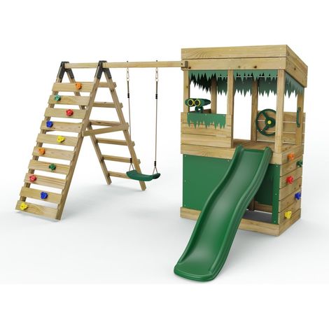 Rebo Lookout Tower Playhouse - Swing and Climbing Wall 6ft Slide - Ascent