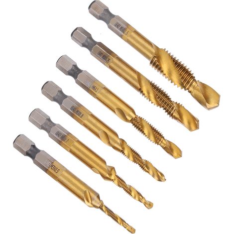 6-teiliges HSS-Gewindebohrer-Set, Hochgeschwindigkeitsstahl, titanbeschichtet, Sechskantschaft, Gewinde, Handwerkzeug M3–M10 (1/5)