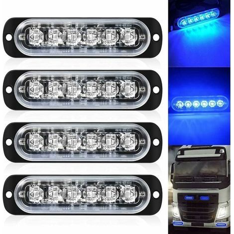 Pack de 4 - Lumière stroboscopique ultra mince Bleu à 6 LED - Barre lumineuse à LED Mini barre lumineuse d\'urgence 18 Mode clignotant 12V-24V pour véhicule ou camion universel (1/5)