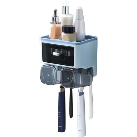 Étagère murale pour brosses à dents, bleue, 2 porte-gobelets, sans perçage, porte-gobelet pour bain de bouche, étagère de rangement pour toilettes (1/4)