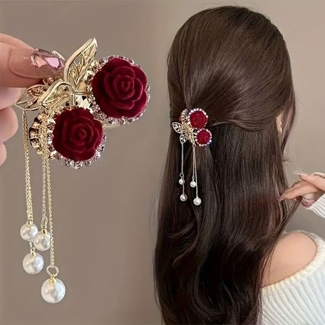 BelleRise - Épingle à cheveux style chinois en velours rouge — Papillon et Rose Ornement capillaire à pompon incrusté d'alliage (1/5)