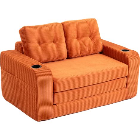 Canapé 2 places modulable en velours côtelé orange, avec accoudoirs, porte-gobelets et poches latérales, sans montage - CHICFURN (1/5)