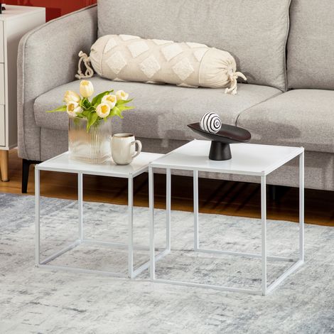 Set 2 tavolini da salotto quadrati in acciaio bianco, design moderno, 10 kg (1/5)