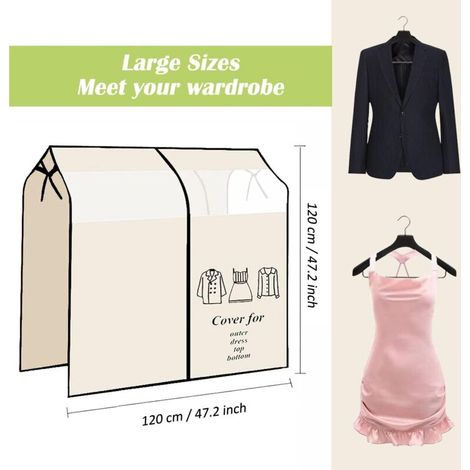 Housses de Vêtements, 120x120 cm Transparent Fenêtre Anti-Poussière Vêtements Housse Protège Portant Universelle Garment Covers pour Chemise Costumes Manteaux Clothes (Beige) (1/4)