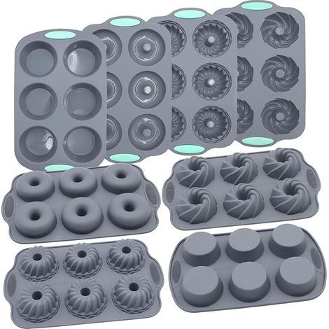 8 Pieces Silicone Donut Pans, Nonstick Silicone Muffin Pans, Heat Resistant Kitchen Oven Baking Cups, Dishwasher Safe and Microwave Safe, Grey