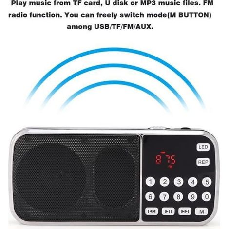 (Schwarz) FM-Radio, tragbarer digitaler Musikplayer, LED-Lautsprecher, Taschenlampenfunktion, FM-Radio, TF-Kartensteckplatz, USB-Anschluss, AUX-DUO (1/3)