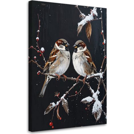 Wandbild Spatzen Vögel sitzen auf einem Ast im Winter 40x60 cm