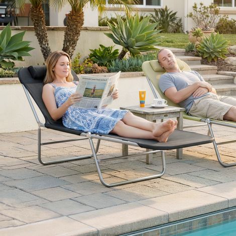 Chaise longue pliante, chaise longue de jardin avec appui-tête, chaise longue de camping 5 places, capacité 120 kg, noire (1/5)