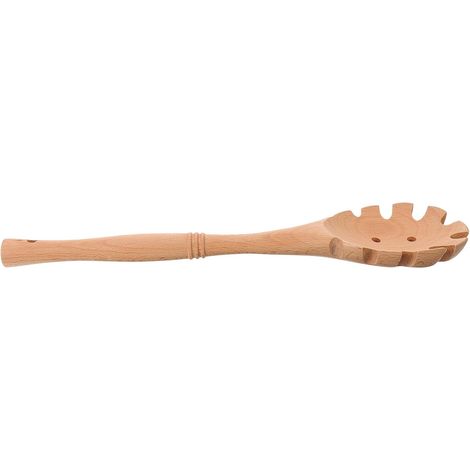 Cuillère pâtes bois hêtre passoire, trou égouttage, manche rond naturel, pratique cuisson/service pâtes (1/5)