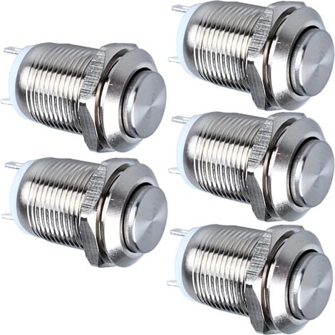 Lot de 5 Boutons Poussoirs Momentanés en Métal Etanche SPST sans Bouton Momentané 2A 12V/24V/125V/250V 12mm (Tête Haute) (1/5)