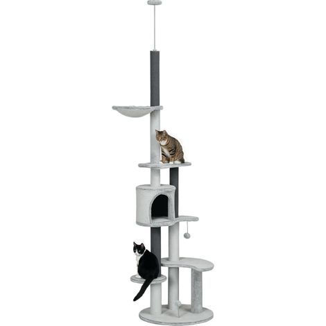Arbre à chat plafond extensible équipé d'une hamac, niche, plateformes et balle de jeu, hauteur ajustable 225 à 255 cm, couleur grise
