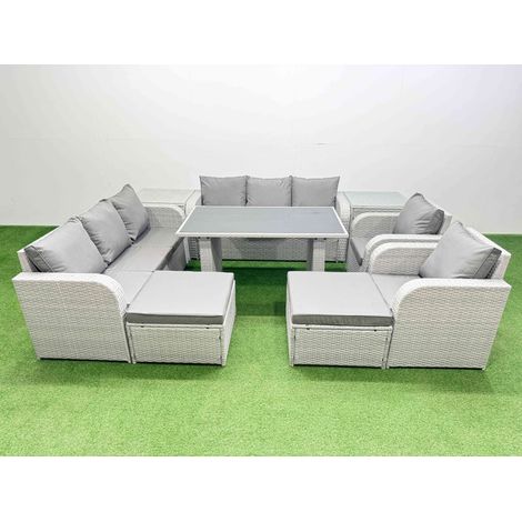 Fimous 10 Seater Wicker PE Rattan Furniture Outdoor Dining Table 3 Seater Sofa Reclining Chair Set with 2 Side Tables 2 Big Stools Light Grey (1/4)