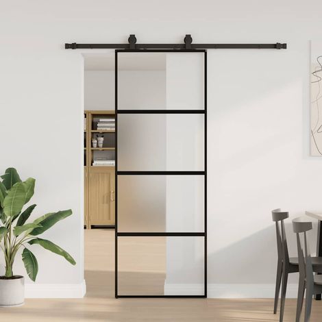 Schiebetür mit Beschlag Schwarz 76x205 cm Hartglas
