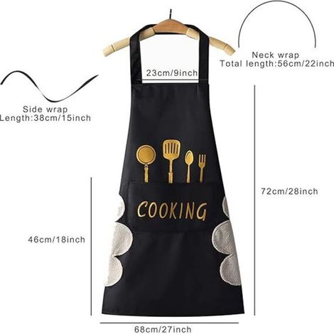 Tablier de cuisine(Noir) pour femme avec poches pour essuyer les mains, grande poche, essuyage à la main, imperméable pour la cuisine et la pâtisserie (1/3)
