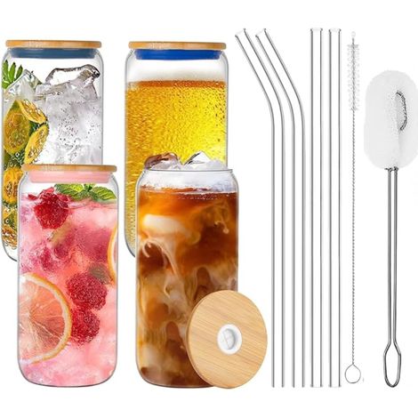 Beer Can Glasses Set Iced Glass Tumblers Lids Straws Brushes Cocktails Whisky Milkshake Coffee Tea Soda (1/5)