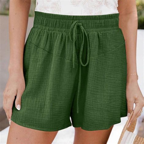 Short femme, coupe ample, taille haute, uni, décontracté, jambes larges, lacé-L-Green