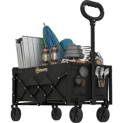 Chariot de jardin pliable noir 60 L avec roues et ouverture latérale, transport facile pour plantes et outils. (1/5)