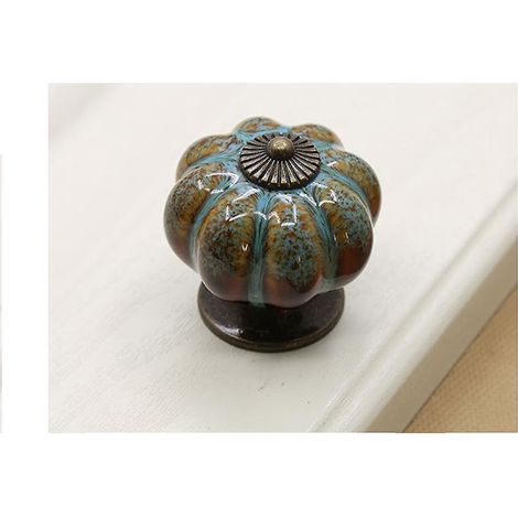 1pcs Boutons De Tiroir De Forme Citrouille, Poignes De Meuble 3,8 X 4,0 Cm En Cramique, Style Europen Vintage Avec Imprim Lopard Bleu Pour Les Arm (1/5)