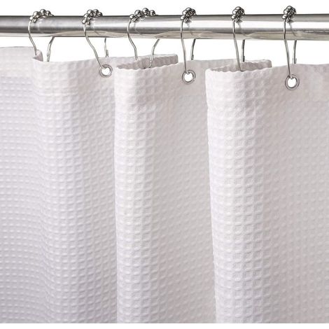 Rideau de Douche Gaufre avec Anneaux en Métal Rideau de Douche Baignoire Anti Moisissure Tissu Rideau Salle de Bain Robuste pour Baignoire Cabine de Douche, Ourlet Lesté - 180x180CM (Blanc) (1/5)