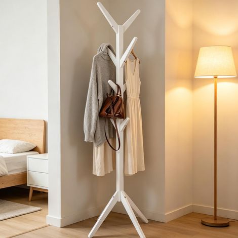 Kleiderstaender aus Massivholz in Weiss mit 8 Haken, 43 x 43 x 180 cm, platzsparende Standgarderobe (1/5)